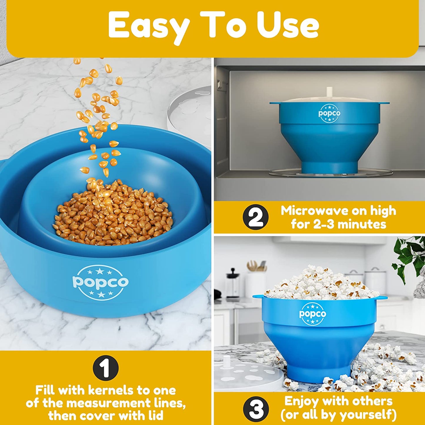 A three picture collage of s silicone popcorn maker being used to make fresh popcorn. There are written step-by-step instructions on how to use the popper.