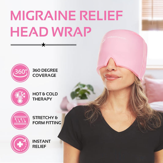 A woman is wearing a headache hat over her head. The headline reads, 'Migraine relief head wrap.'