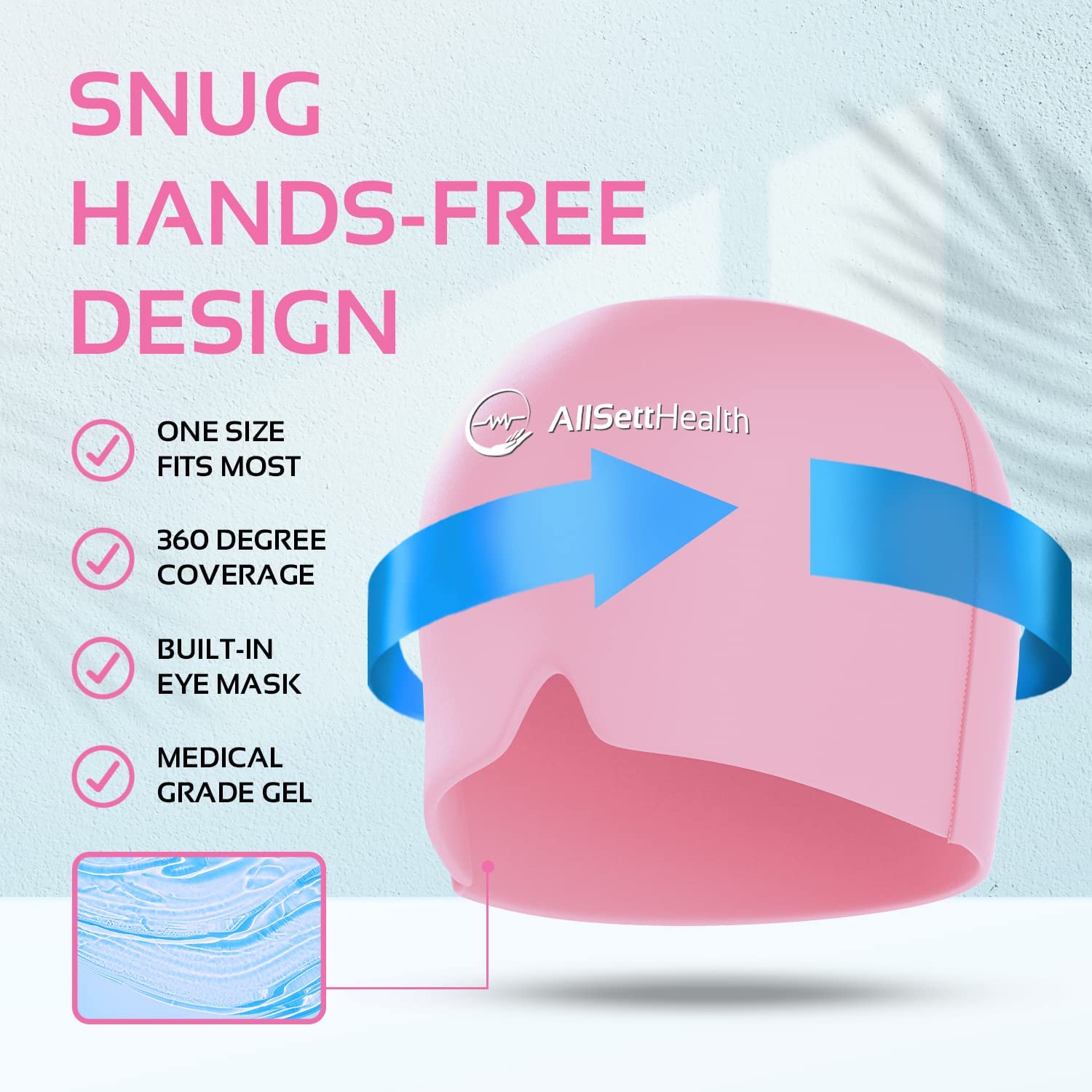 A pink migraine head wrap. The headline reads, 'Snug hands-free design.'
