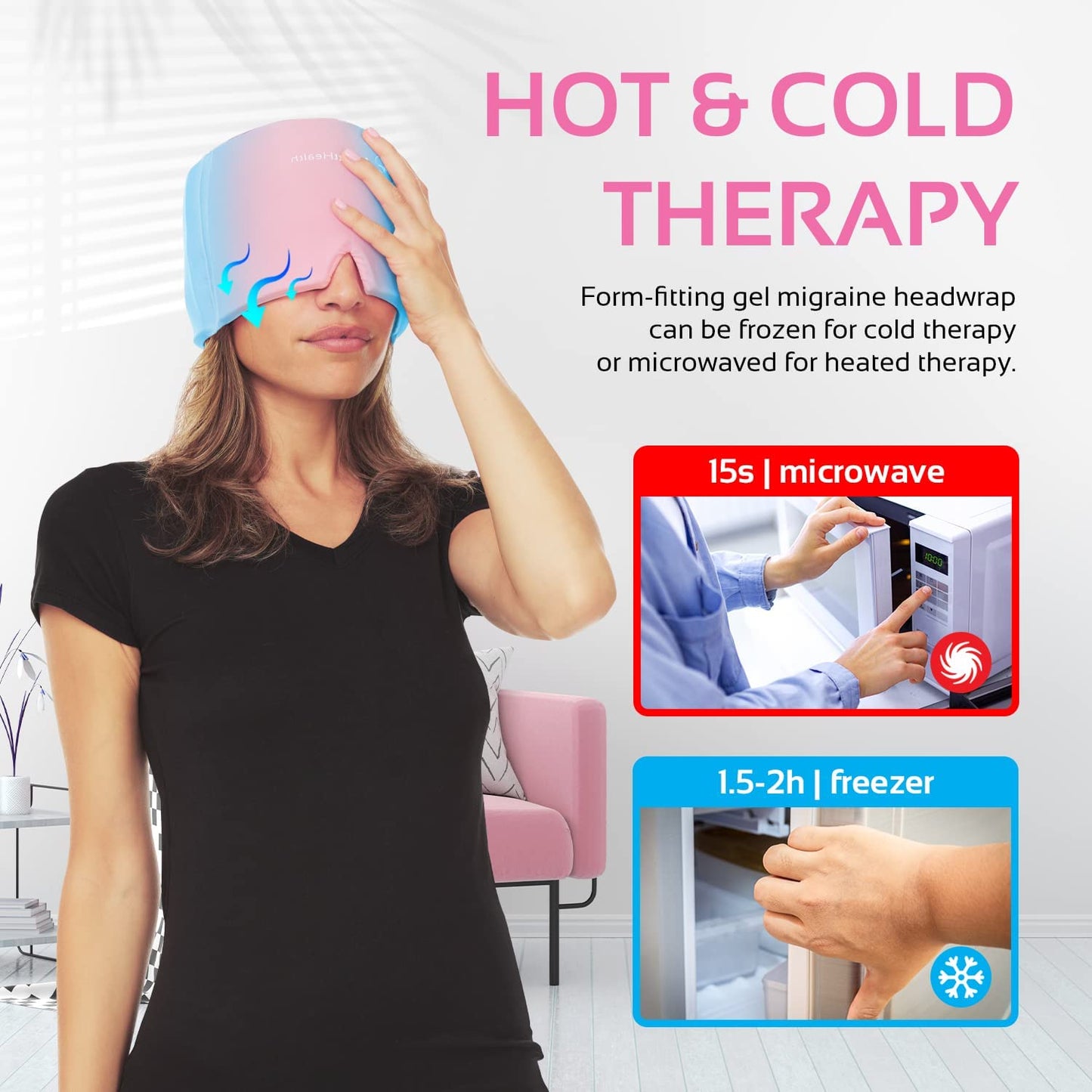 A woman is wearing a headache wrap around her head and has her hand on her forehead. The headline reads, 'Hot and cold therapy.'
