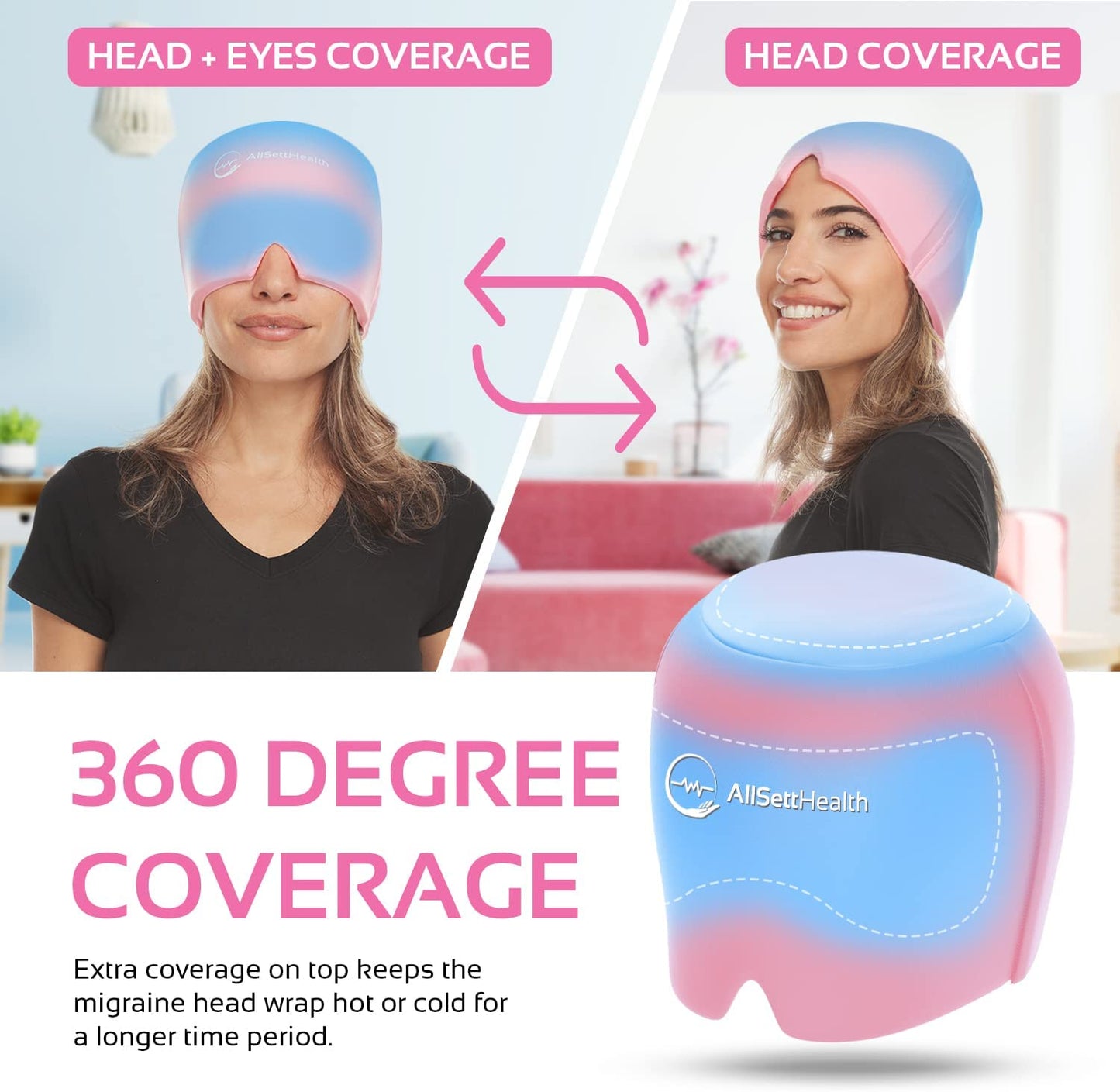 A woman is wearing a head wrap for migraines on her head. The headline reads, '360 degree coverage.'