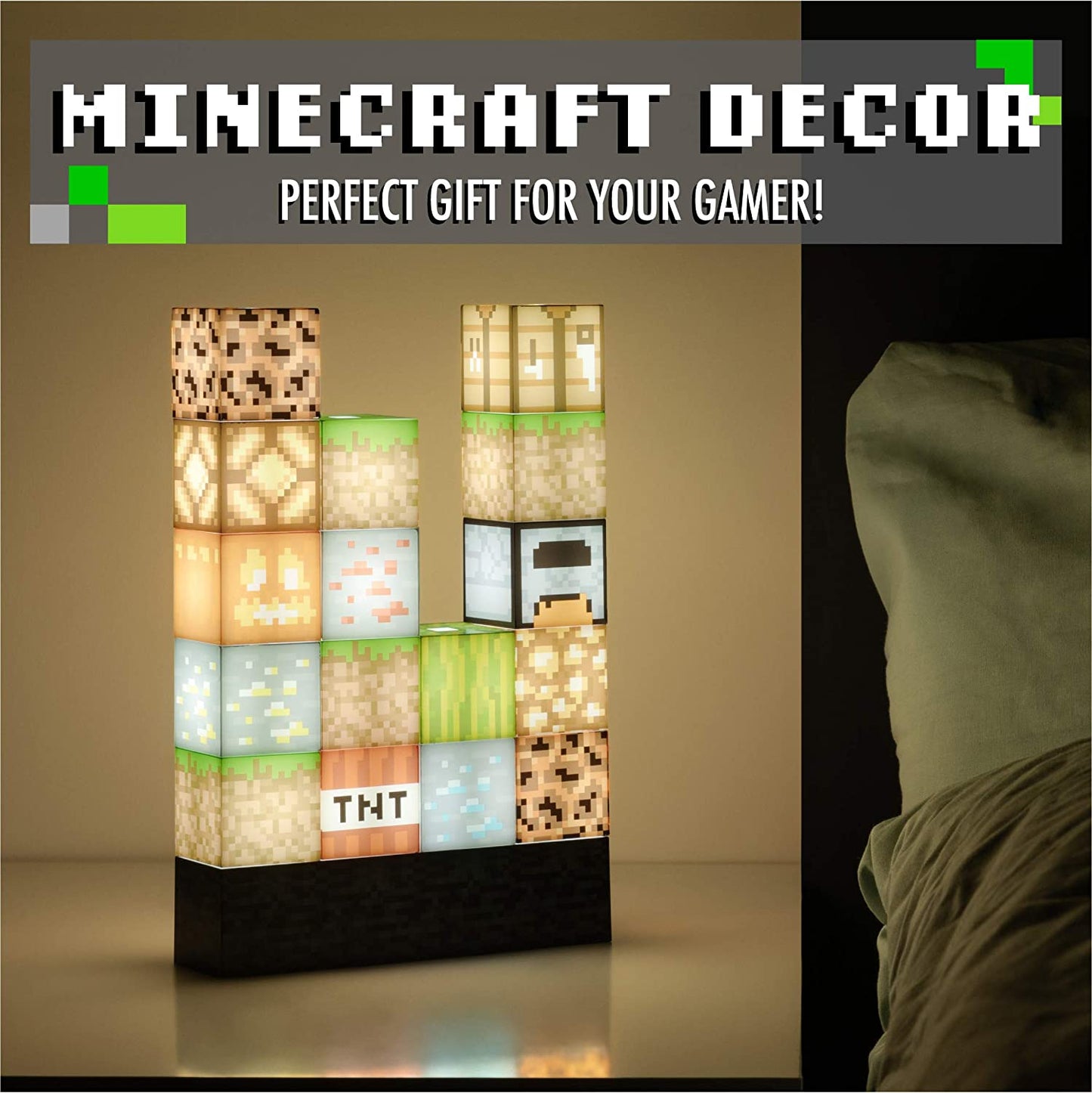 A fully complete and lit-up Minecraft block building light. The text reads, 'Minecraft decor, perfect gift for your gamer.'