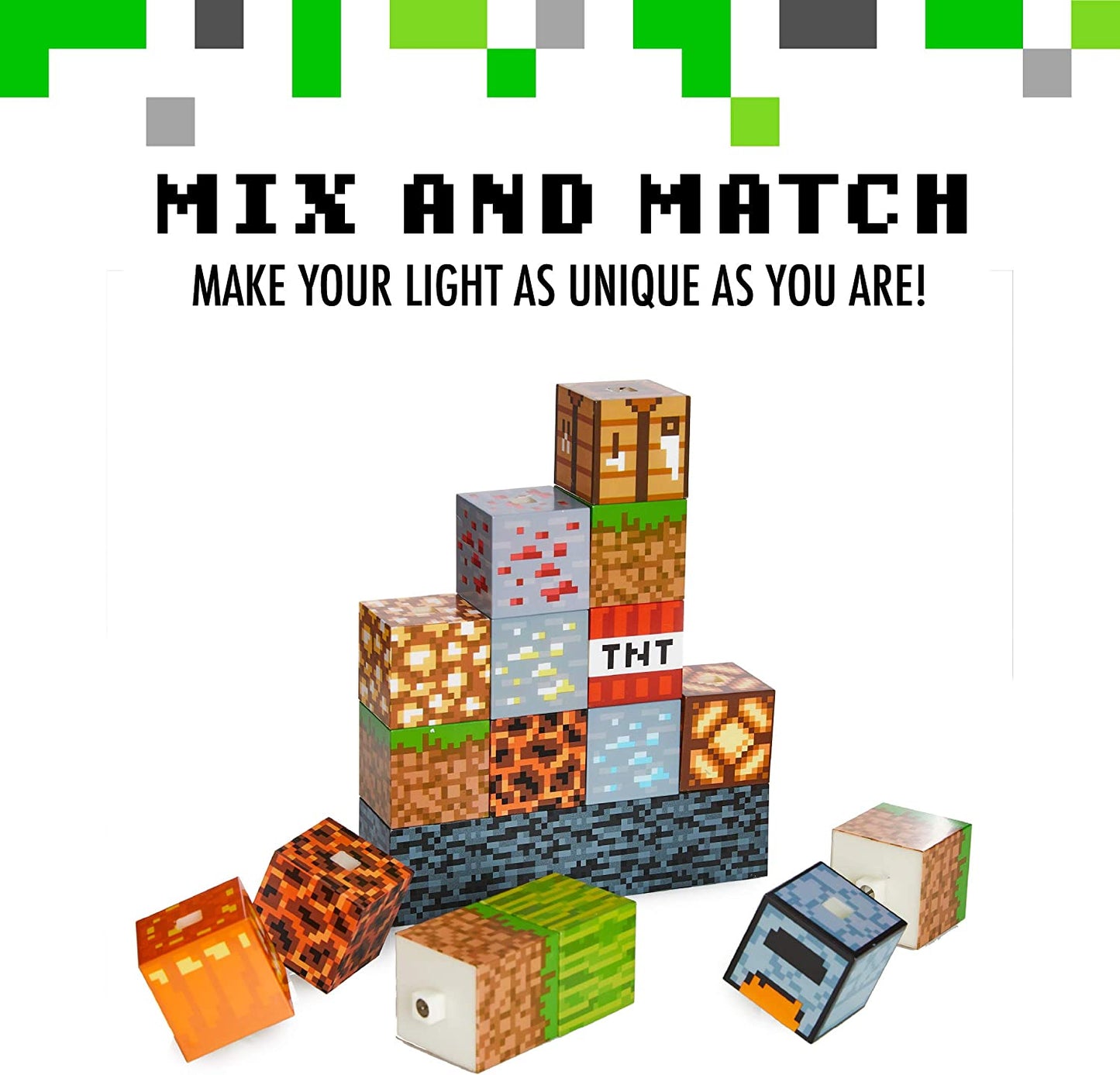 A Minecraft block building light with some loose blocks in the foreground. The text reads, 'Mix and match. Make your light as unique as you are.'