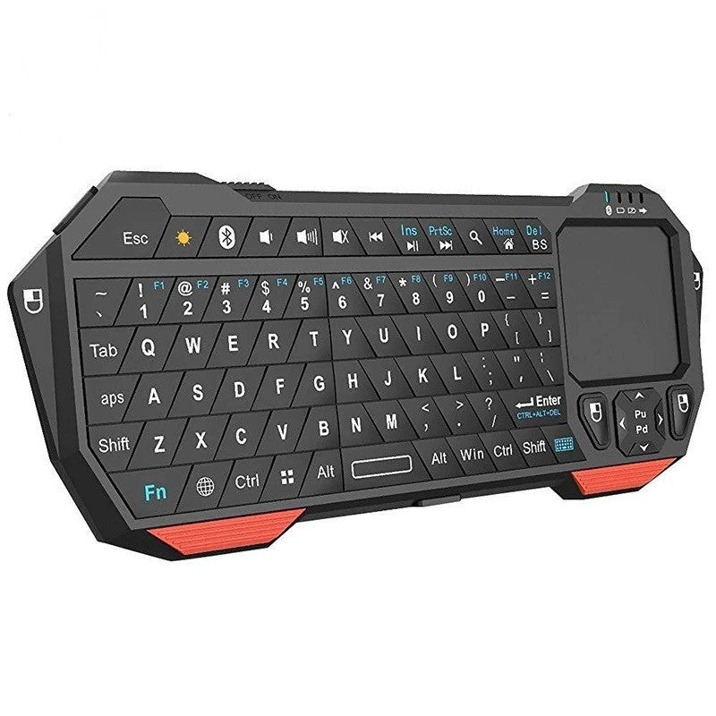 A black colored mini Bluetooth keyboard with touchpad