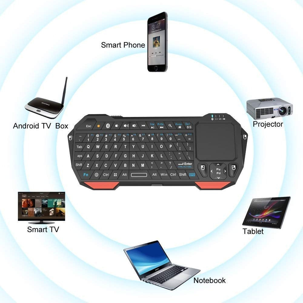A black mini Bluetooth keyboard with touchpad as the main image and around the keyboard are small versions of devices it can be used for.