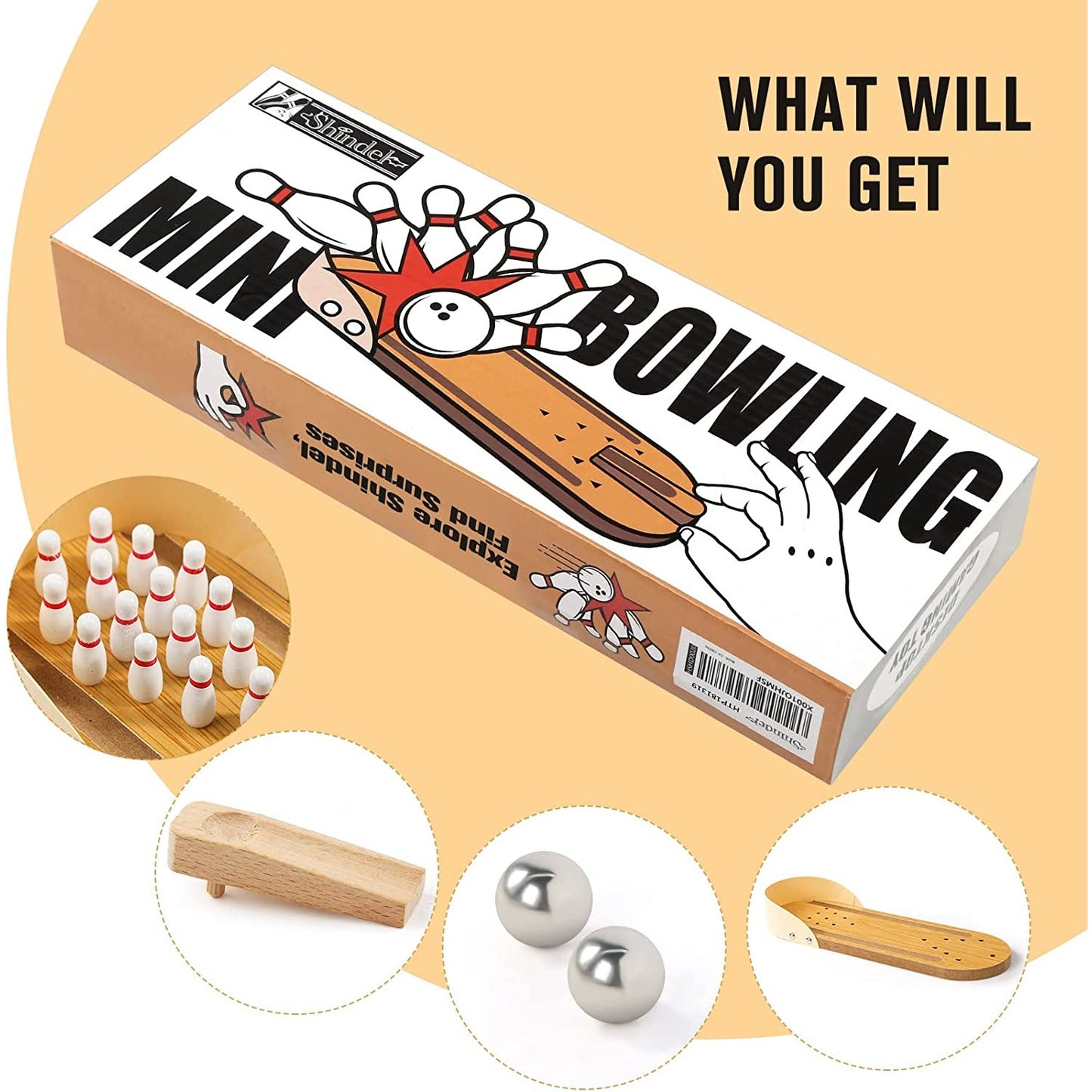 The main image features the box for a mini bowling set. there are 4 inset images showing the contents which are pins, ramp, 2 bowling balls and a base board. There is text which reads, 'What will you get.'