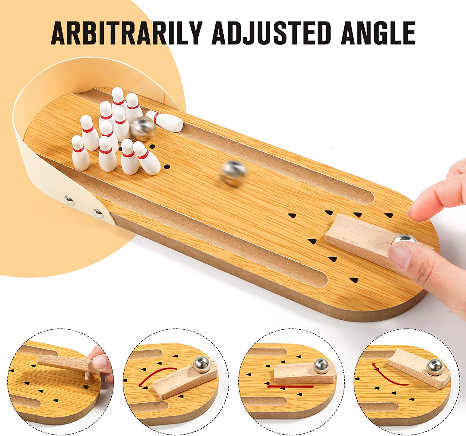 A collage of images which features several images of the adjustable ramp that comes with the mini table top bowling game. This shows how the ramp can be positioned into different angles to get the perfect shot.
