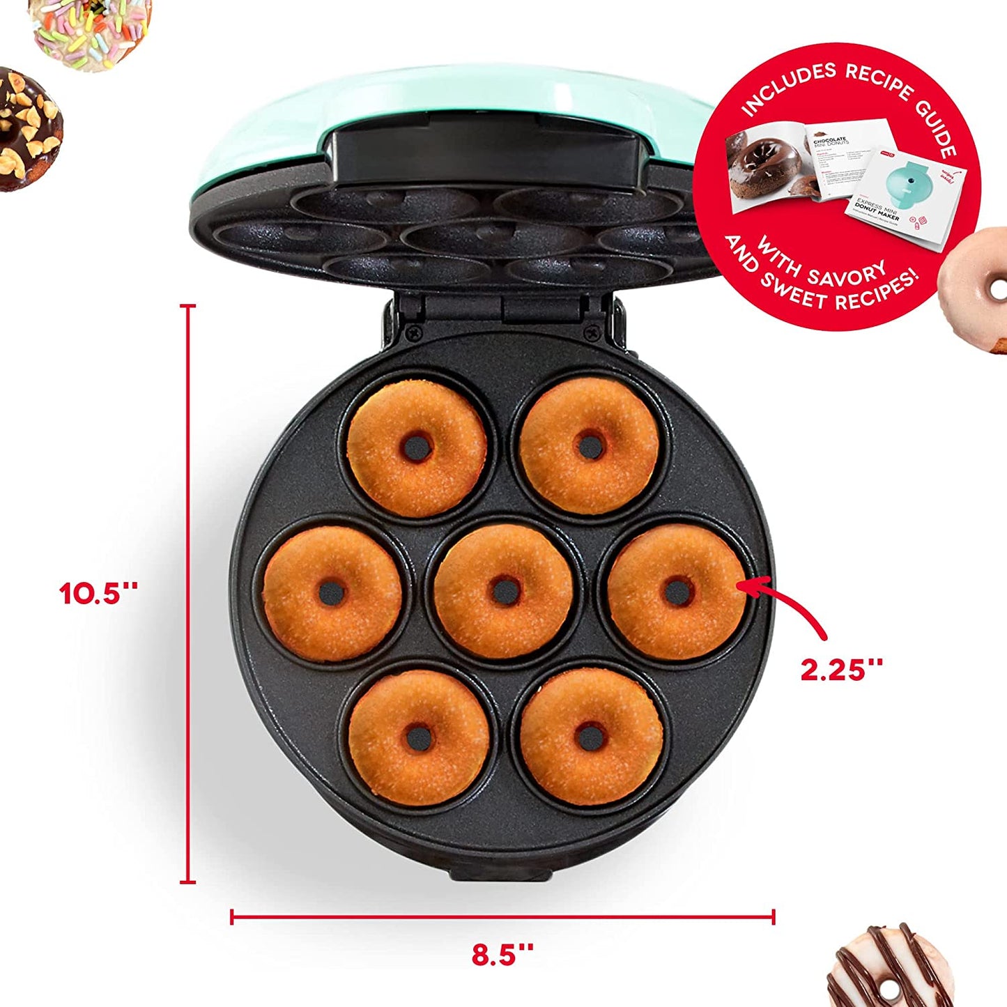 Size measurements for a mini donut maker. It measures 10.5 inches in length and 8.5 inches in width.