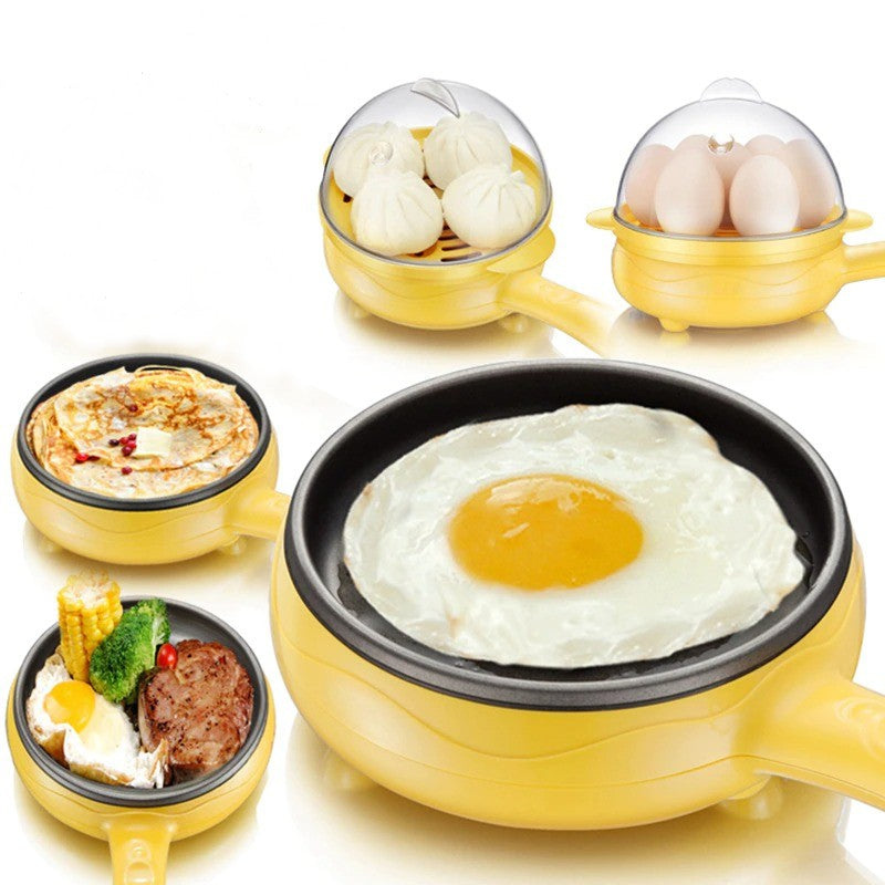 A yellow mini egg cooker showing 4 different variations of food that can be cooked in the fryer. They include, fried eggs, pancakes, Chinese steamed buns, boiled eggs and steak with corn and egg.