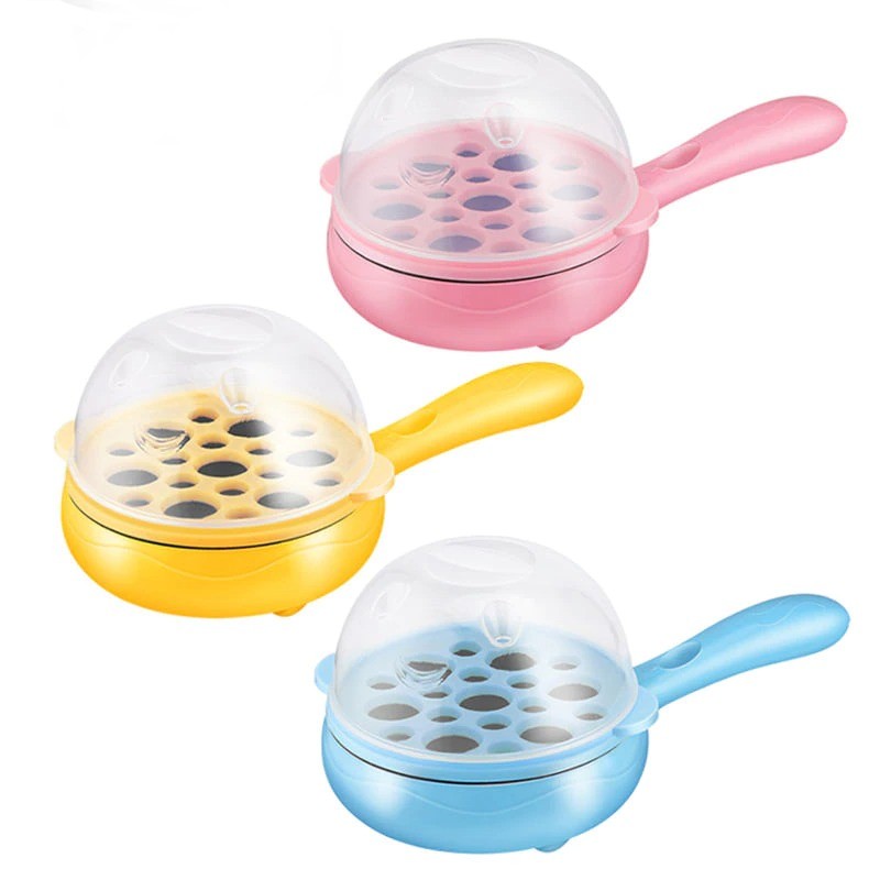 3 color variations of pink, yellow and blue that are available for the mini egg cooker.