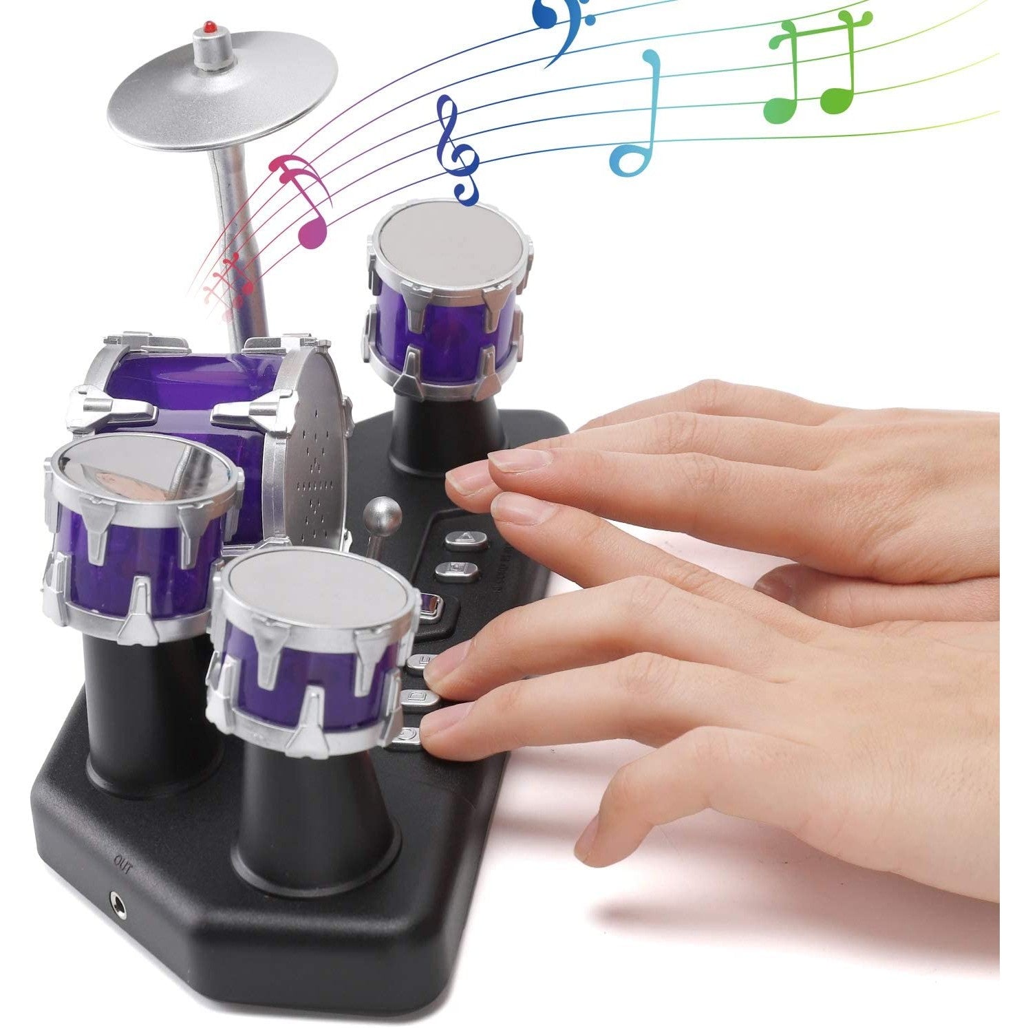 A purple and silver colored mini desktop finger drum set. A pair of hands are using the set and colorful musical notes are shown emanating from the drum set. 
