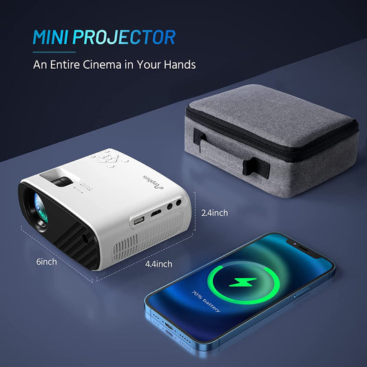 Size measurements for a mini projector. The size is 6 inches wide, 4.4 inches deep and 2.4 inches high. There is text which says, 'An entire cinema in your hands.' There is also a cell phone next to the projector to show the size comparison.