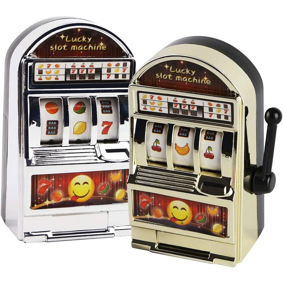 One gold and one silver mini slot machine toys which spin like a real slot machines.