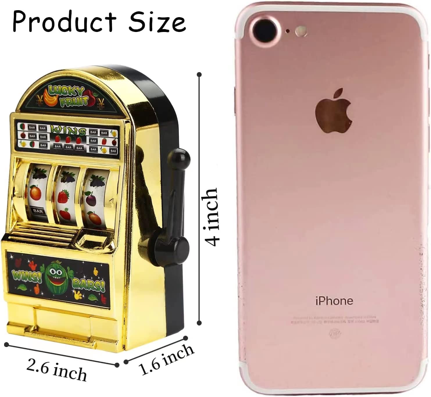 A gold colored mini slot machine toy next to a pink iphone showing the product size. The mini shot machine is 4 inches in height, 2.6 inches wide and 1.6 inches in depth., 