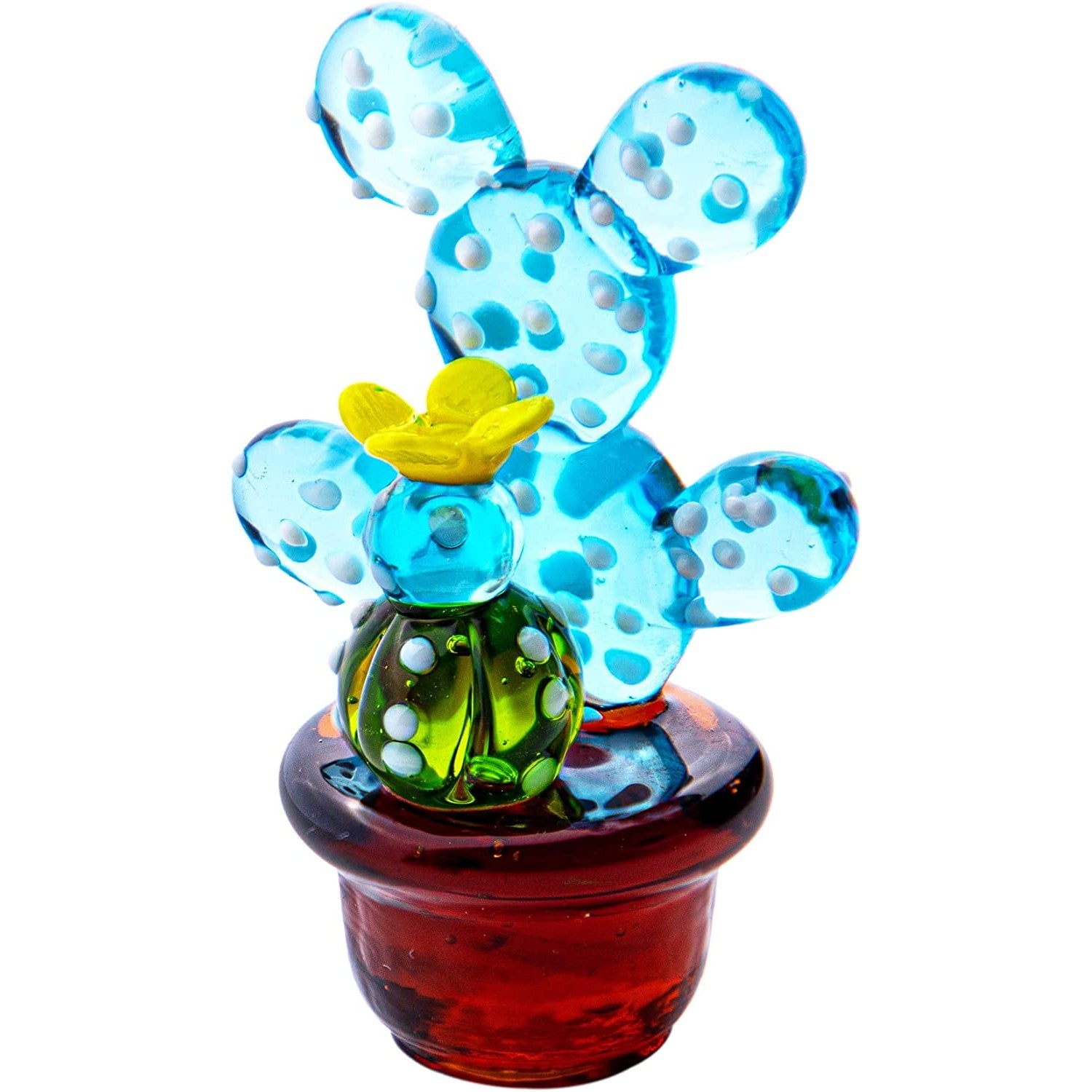 A blue and brown colored cactus figurine made of hand blown glass.
