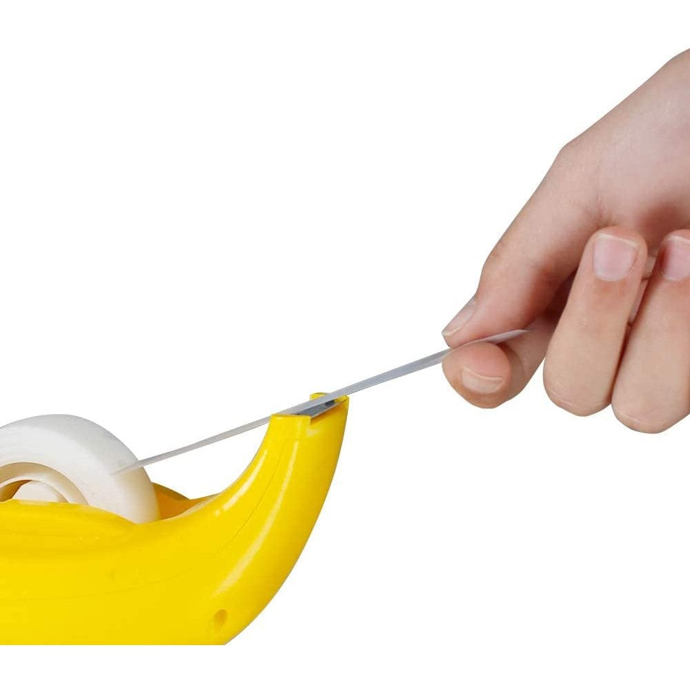 A banana shaped tape dispenser with a clapping monkey.