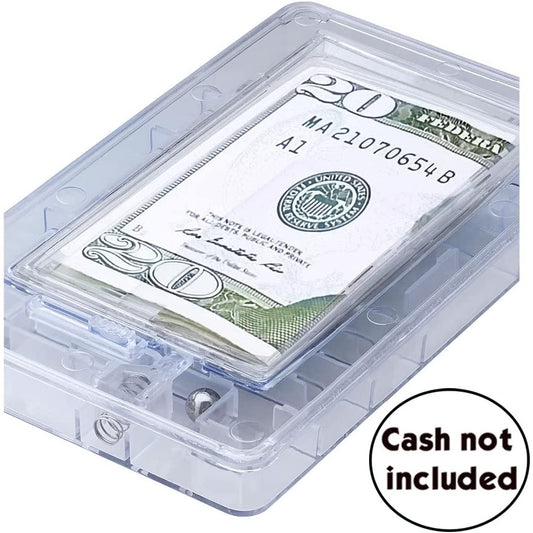 A 20 dollar bill is locked inside a clear money puzzle box. There is text which says, 'Cash not included.'