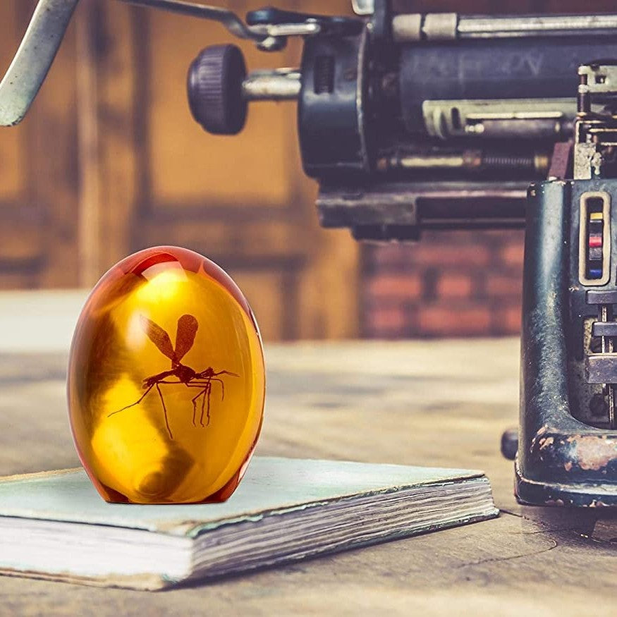 A mosquito trapped in amber which is a replica of the one from Jurassic is sitting on an old book next to a typewriter.
