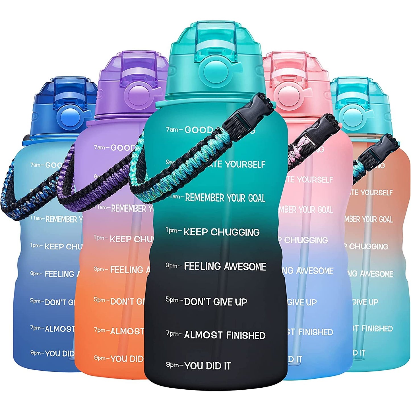 5 different colored motivational water bottles which have motivational quotes printed on the outside. The quotes include, 'Almost finished, keep chugging, remember your goal' and more.
