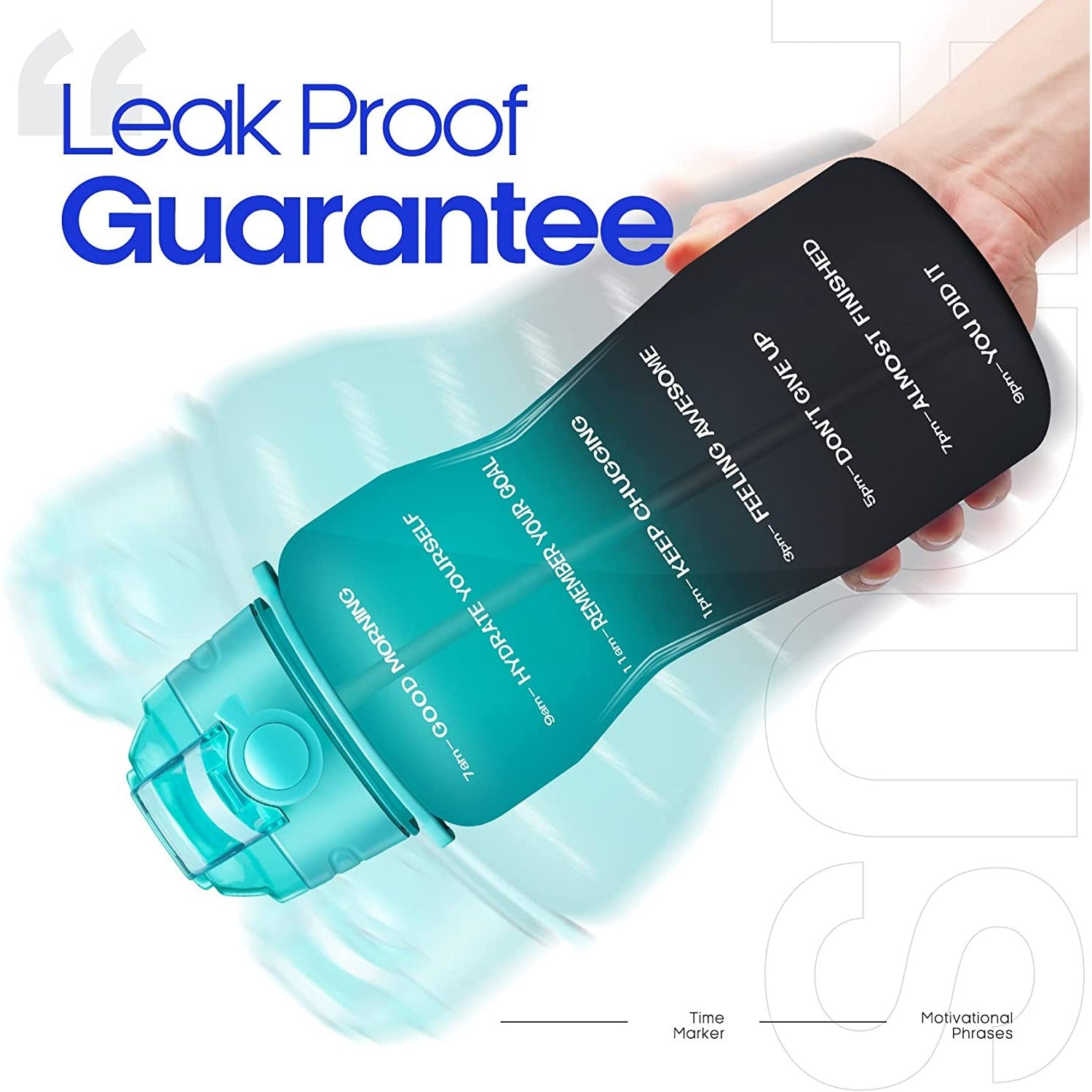 A hand is holding a motivational water bottle upside down. The text reads, 'Leak proof guarantee.'