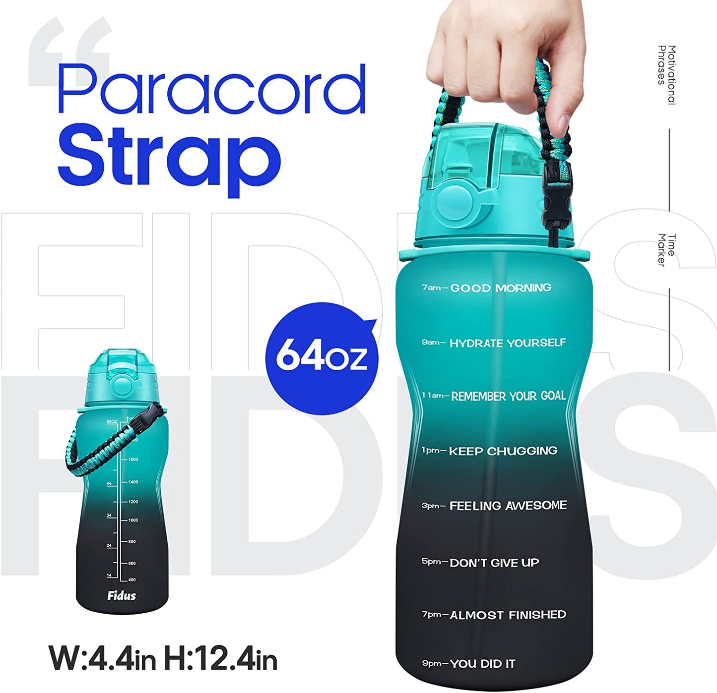 A hand is holding an inspirational water bottle by its handle. The text reads, 'Paracord strap. 64oz.'