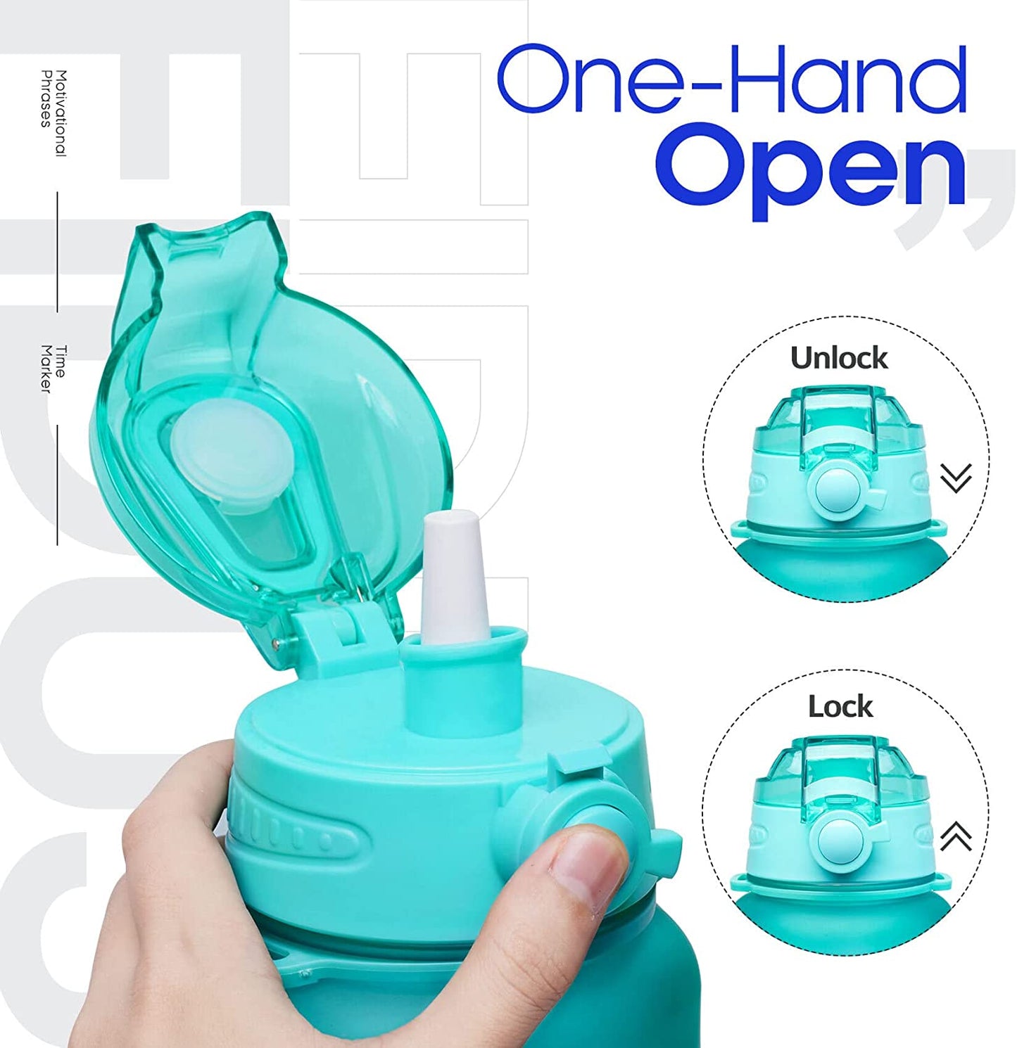 The lid of a motivational water bottle has been flipped open and is held by a persons hand. The text reads, 'One-hand open.'