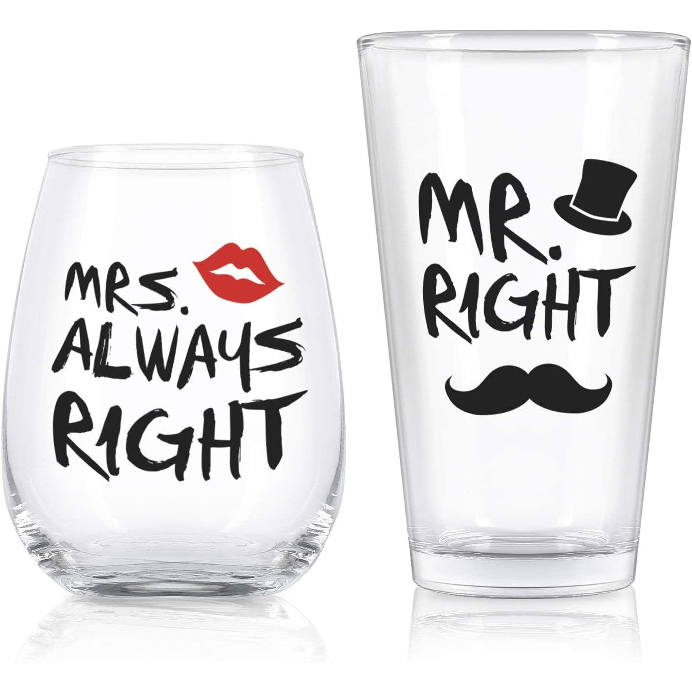 A stemless wine glass which says Mrs Always Right and a beer glass which says Mr Right.