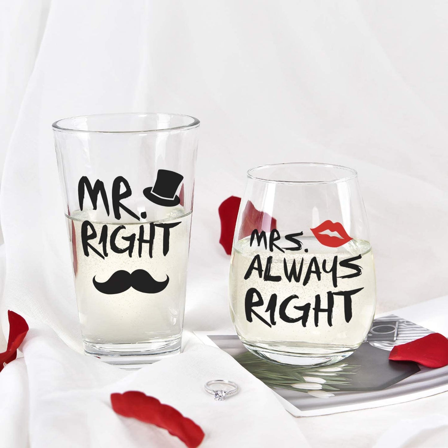 A pair of Mr and Mrs Right wine and beer glasses. Each has words printed on it which say, 'Mr Right' and 'Mrs Always Right.'
