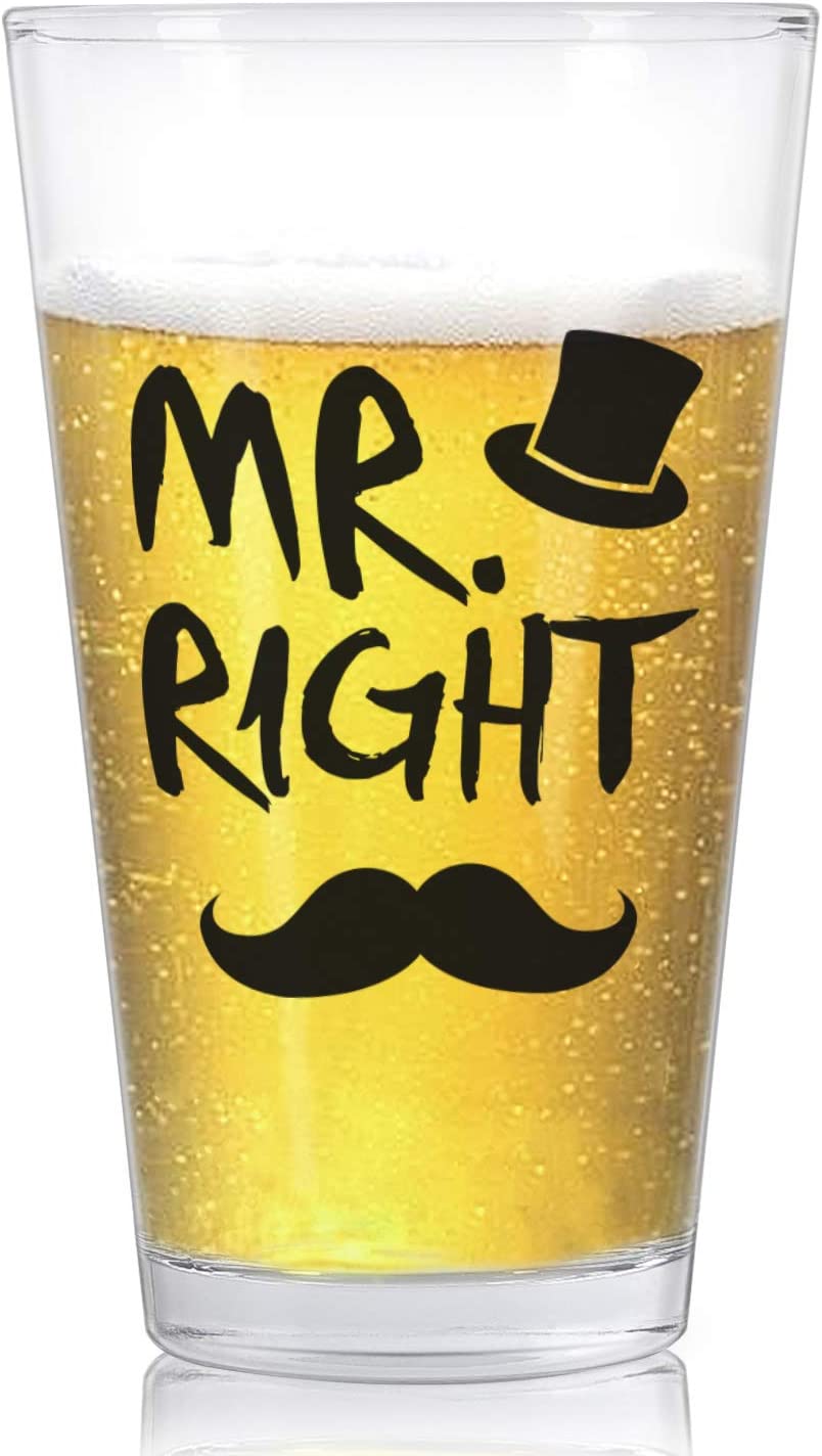 A full glass of beer with words printed on the glass which say, 'Mr Right.'