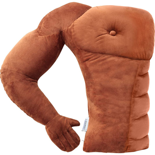 A muscle man pillow which is a brown colored pillow shaped like half of a muscled torso.