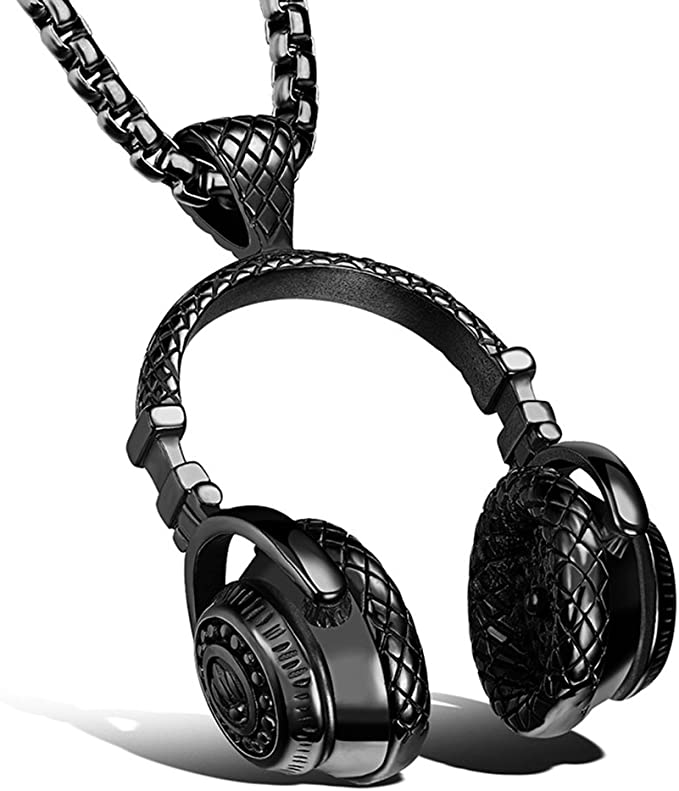 A black colored necklace which features a pair of black headphones as the pendant at the end.