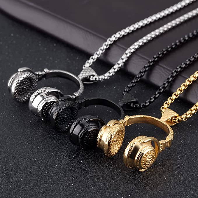 Three necklaces with a pair of musical headphones on the end of each. They are colored silver, black and gold.