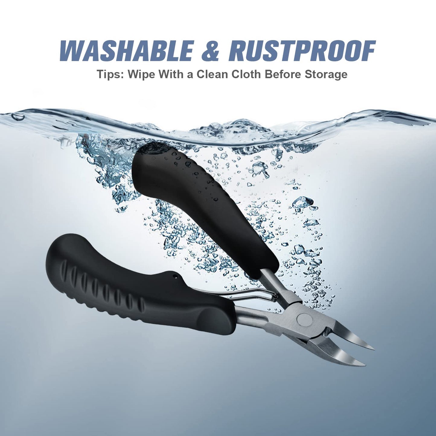 A pair of nail clippers for thick toenails is submerged in water. The text says, 'Washable and rustproof.'