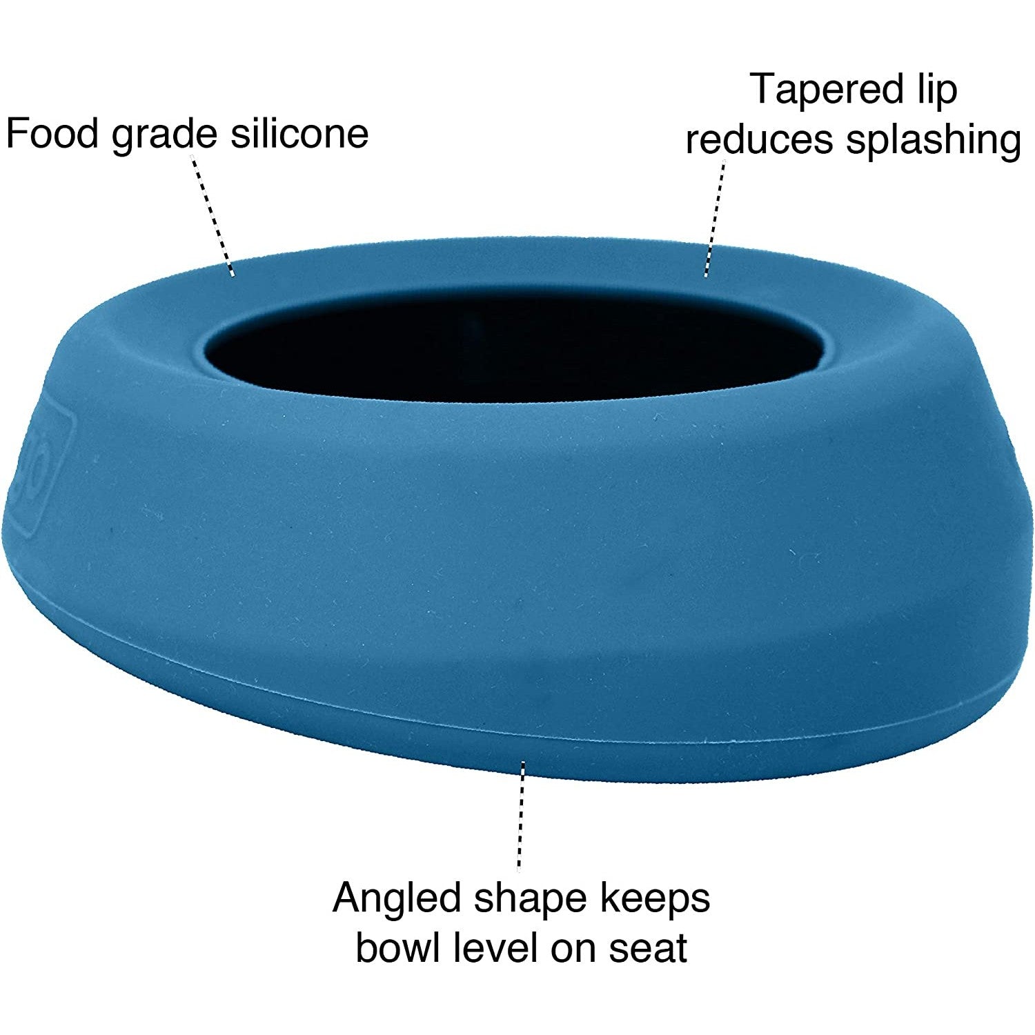 Product features of a no-spill travel dog bowl. Features include; food grade silicone, tapered lip to reduce splashing, angled shape to keep bowl level on seat.