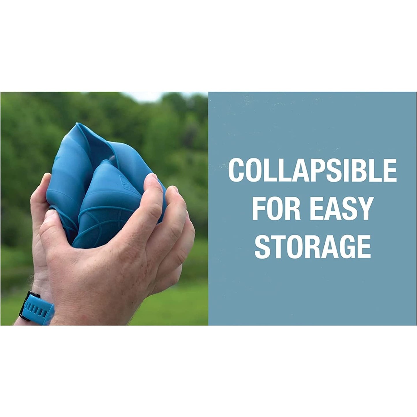 A pair of hands is holding a collapsible travel dog bowl. The text reads, 'collapsible for easy storage.'