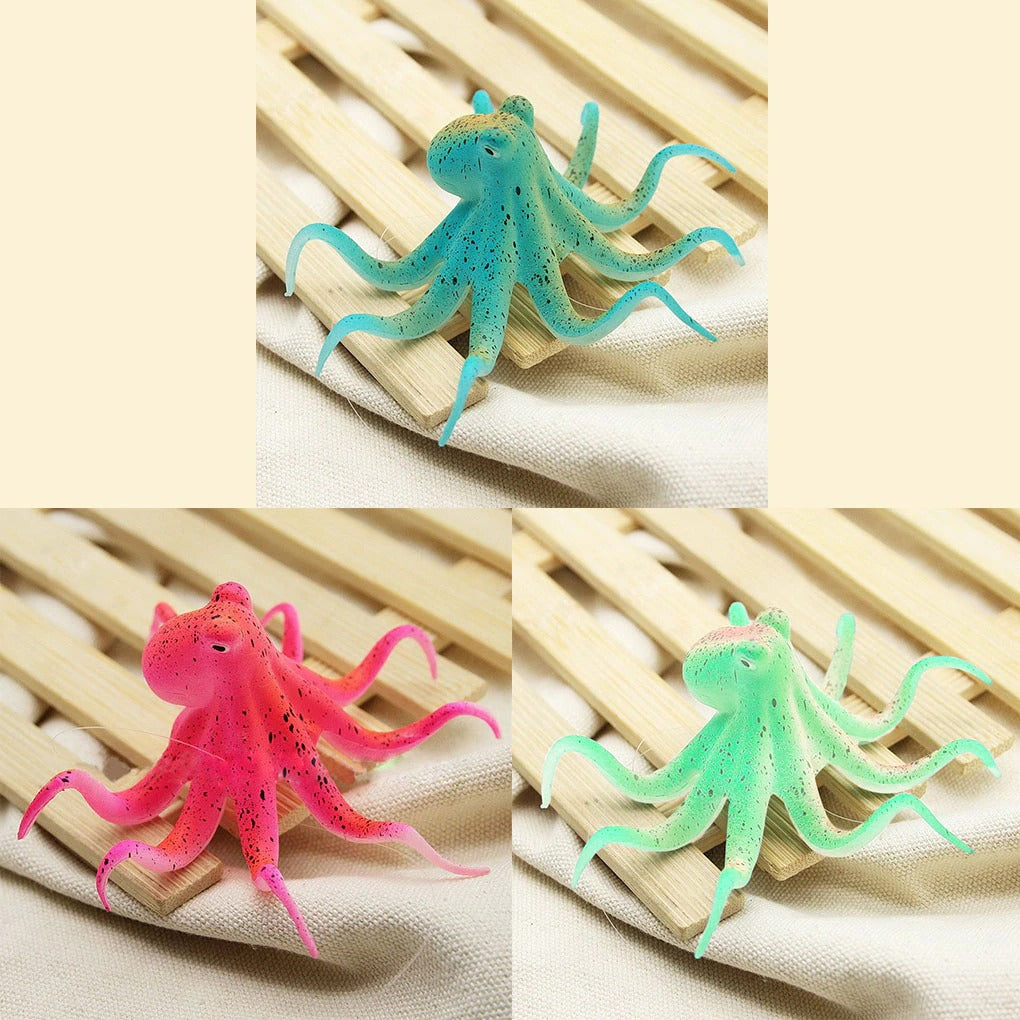 A collage of 3 images which all feature a fluorescent octopus ornament for aquariums. The colors include, light green, blue and pink.