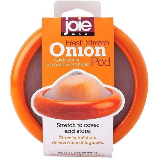 An onion pod saver in its original packaging. The text on the packaging says, 'Fresh stretch onion pod. Stretch to cover and store.'