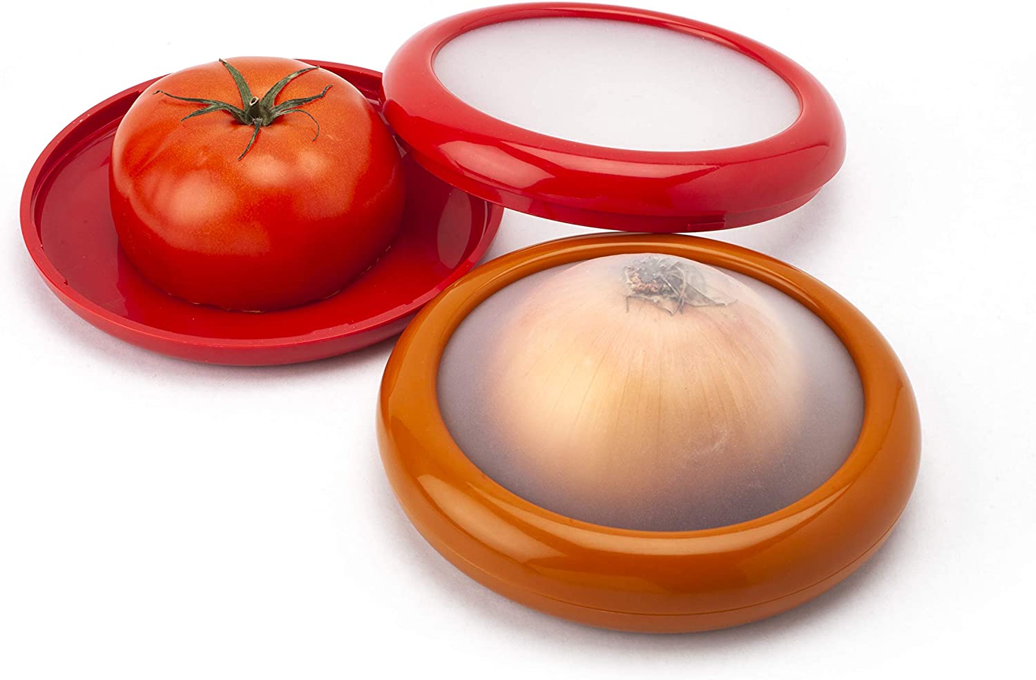 Half an onion and half a tomato are in seperate onion pod savers showing that other vegetables can be stored in it as well.
