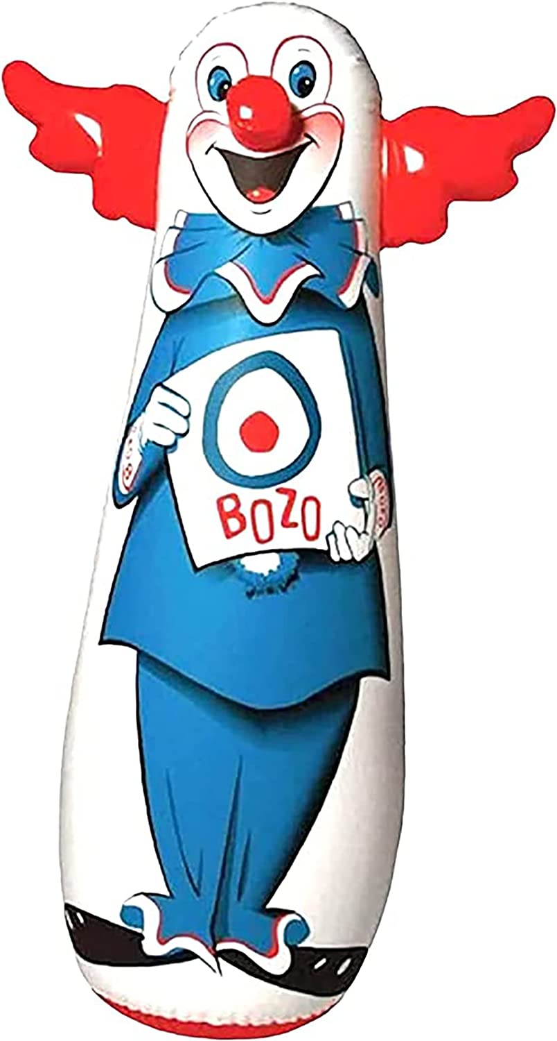 A Bozo the clown bop bag which is an inflatable toy for kids and families to bop and punch. Bozo is holding a target in the centre of his body.