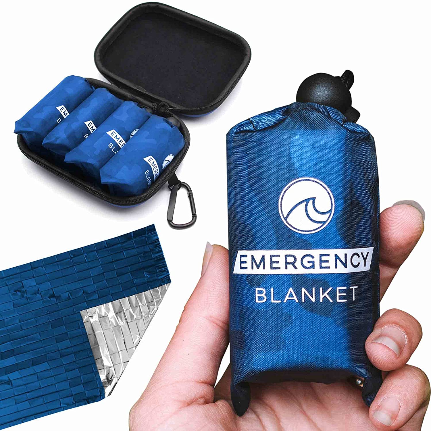 A 4 pack of mylar emergency blankets. The 4 pack are in an EVA case. There is also a hand holding one of the blankets in its pouch to show how small it is. 