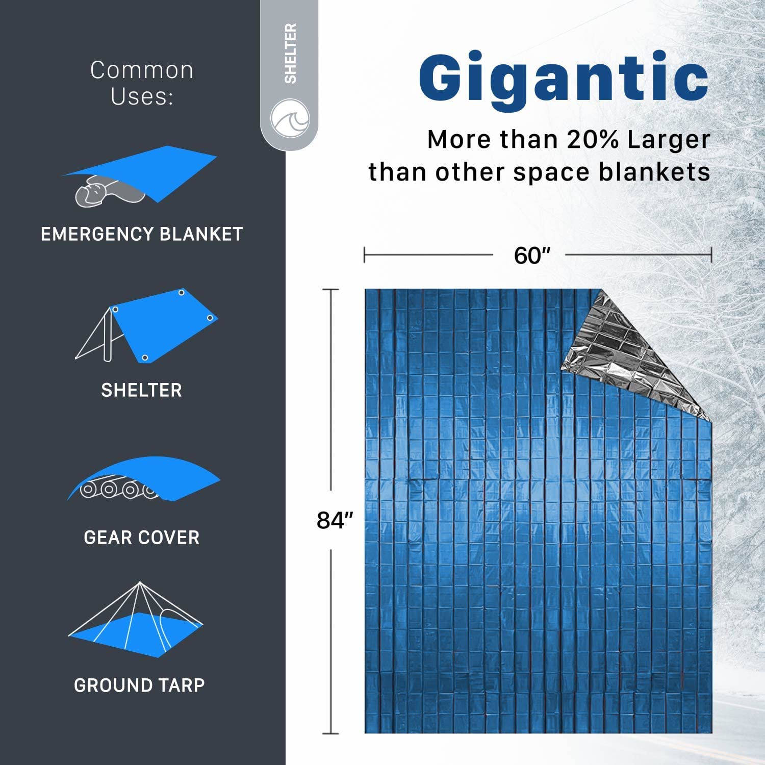 Size measurements for an emergency blanket. The size is 84 inches x 60 inches.