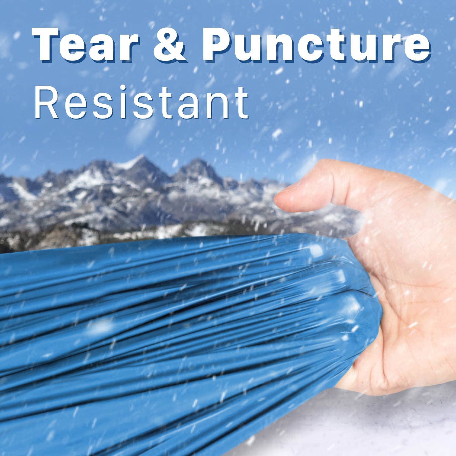 A hand is pulling on a blue emergency blanket. The text reads, 'Tear and puncture resistant.'