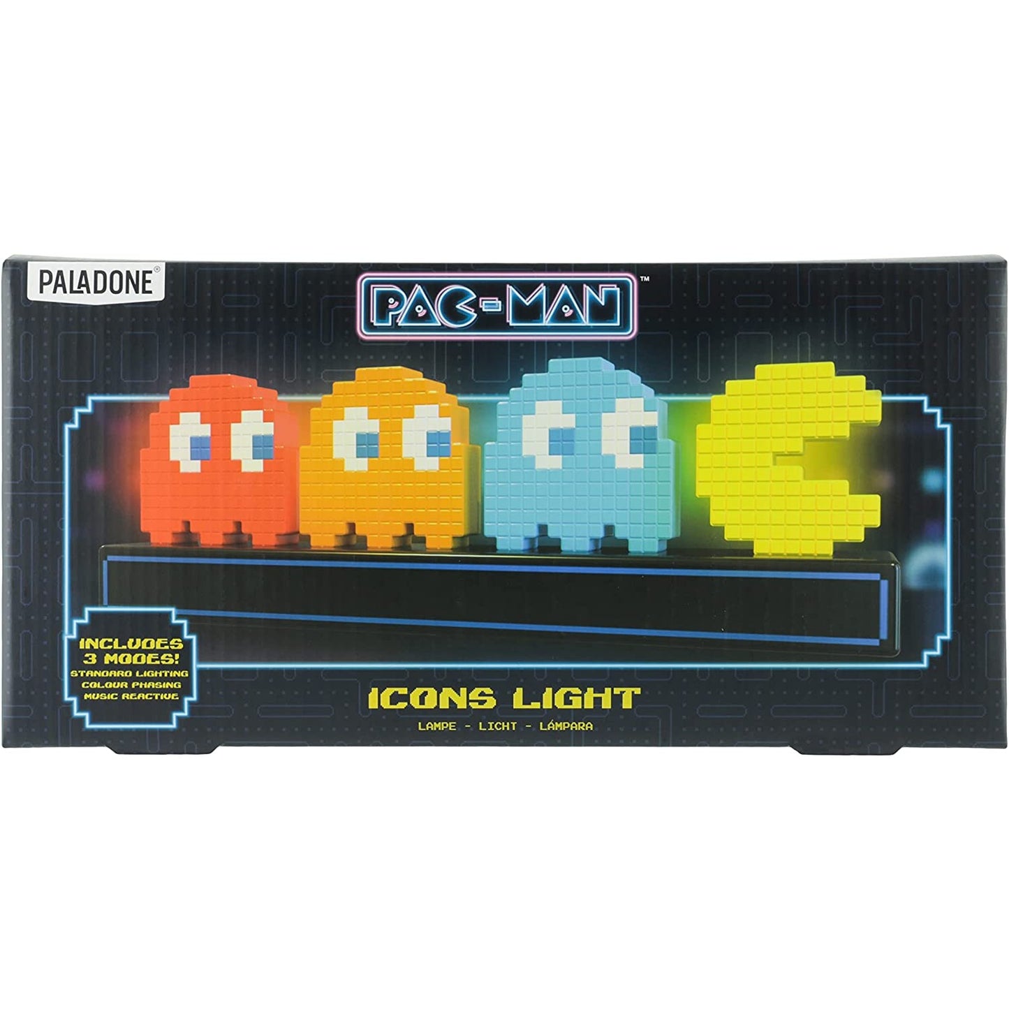 The boxed packaging for a Pac-Man with ghosts retro style light.