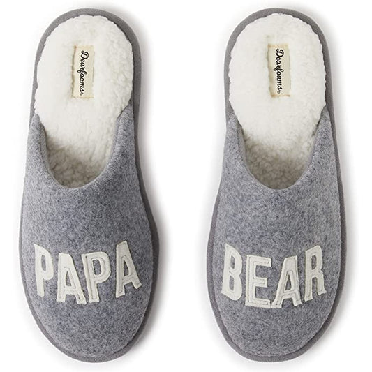 A pair of grey and white slippers with the words Papa and Bear on each slipper.
