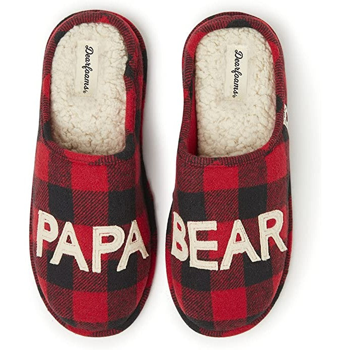 A pair of red and black plaid slippers with the words Papa and Bear on each slipper.
