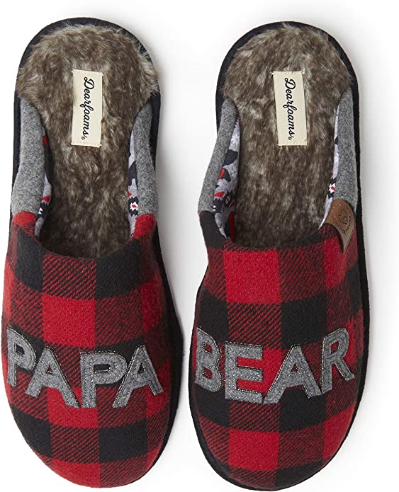 A pair of plaid slippers with dark brown fluffy lining and with the words Papa and Bear on each slipper.