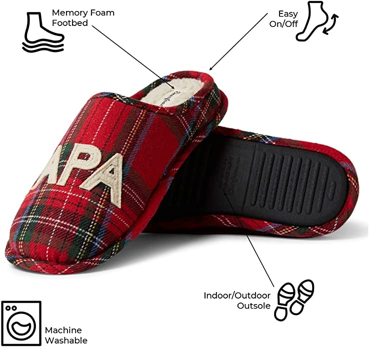 A pair of plaid Papa Bear slippers, there is text which reads, 'Memory foam footbed, easy on/off, machine washable, indoor/outdoor outsole.'