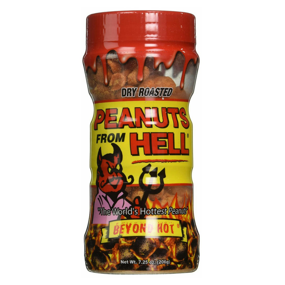 Jar of Peanuts From Hell dry roasted spicy peanuts with devil illustration and fiery red packaging