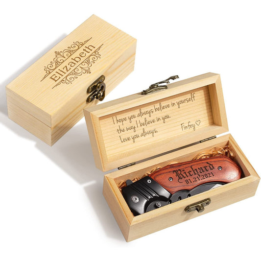A personalized engraved pocket knife in a wooden gift box. The engraving on the top of the box says, "Elizabeth." There is a poem engraved inside the box lid with a pocket knife resting inside the box itself.