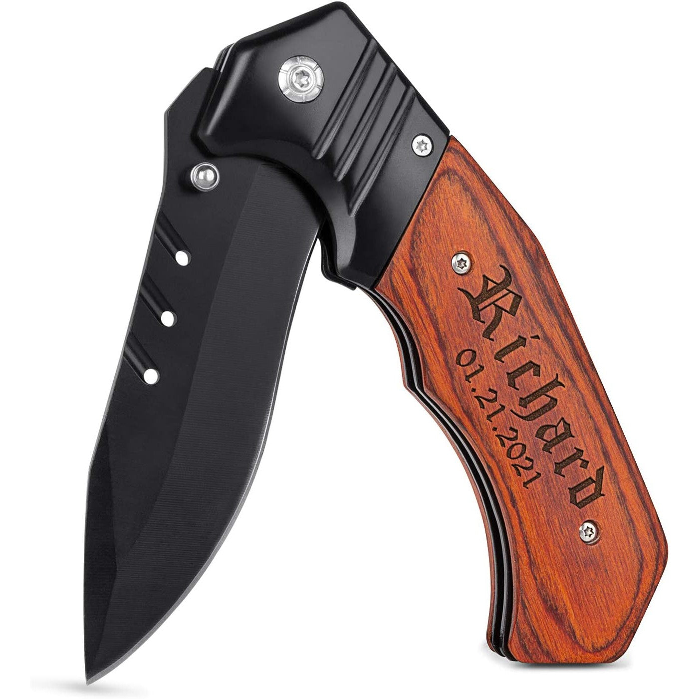 A personalized engraved pocket knife with wooden handle. The engraving says, "Richard 01.21.2021."